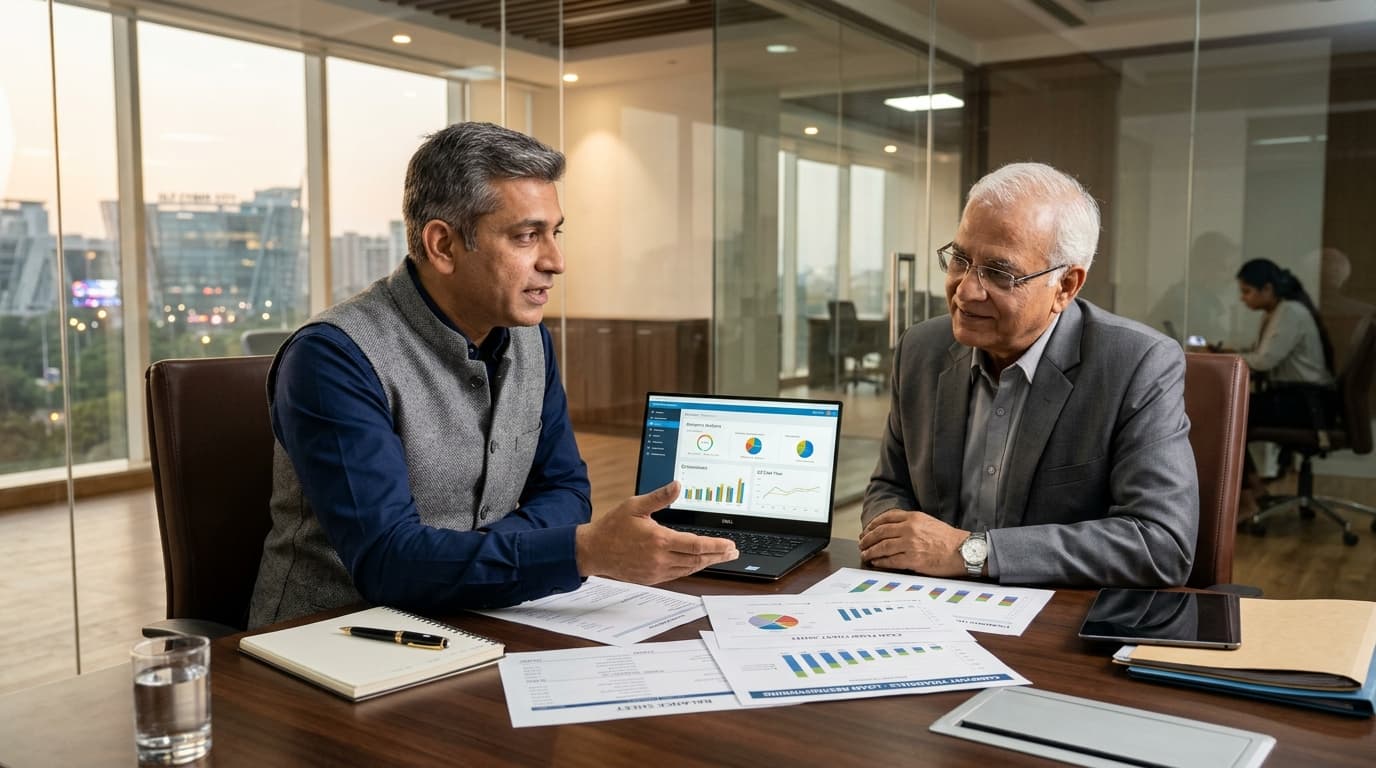 Indian business entrepreneur discussing loan restructuring