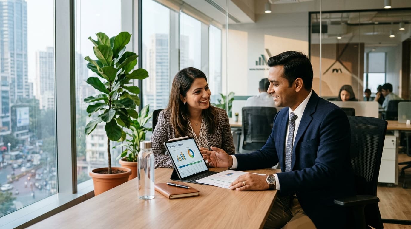 Senior Indian financial advisor in consultation with client